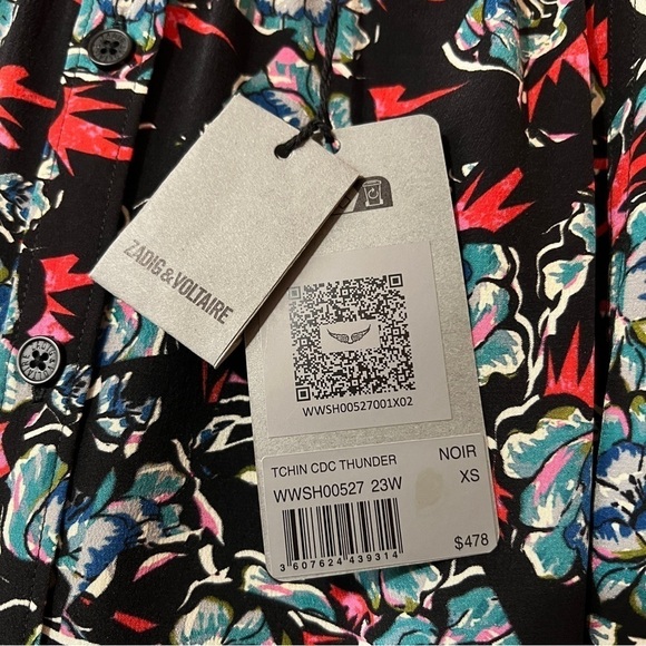 Zadig & Voltaire | NWT Tchin Cdc Thunder Silk Top Button Floral Blouse Size XS - Picture 4 of 12